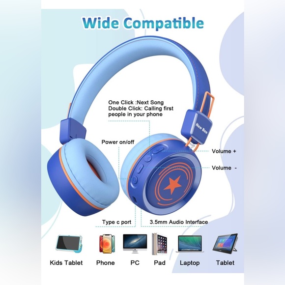 New bee Kids Bluetooth Headphones with Microphone Bluetooth - Picture 1 of 9